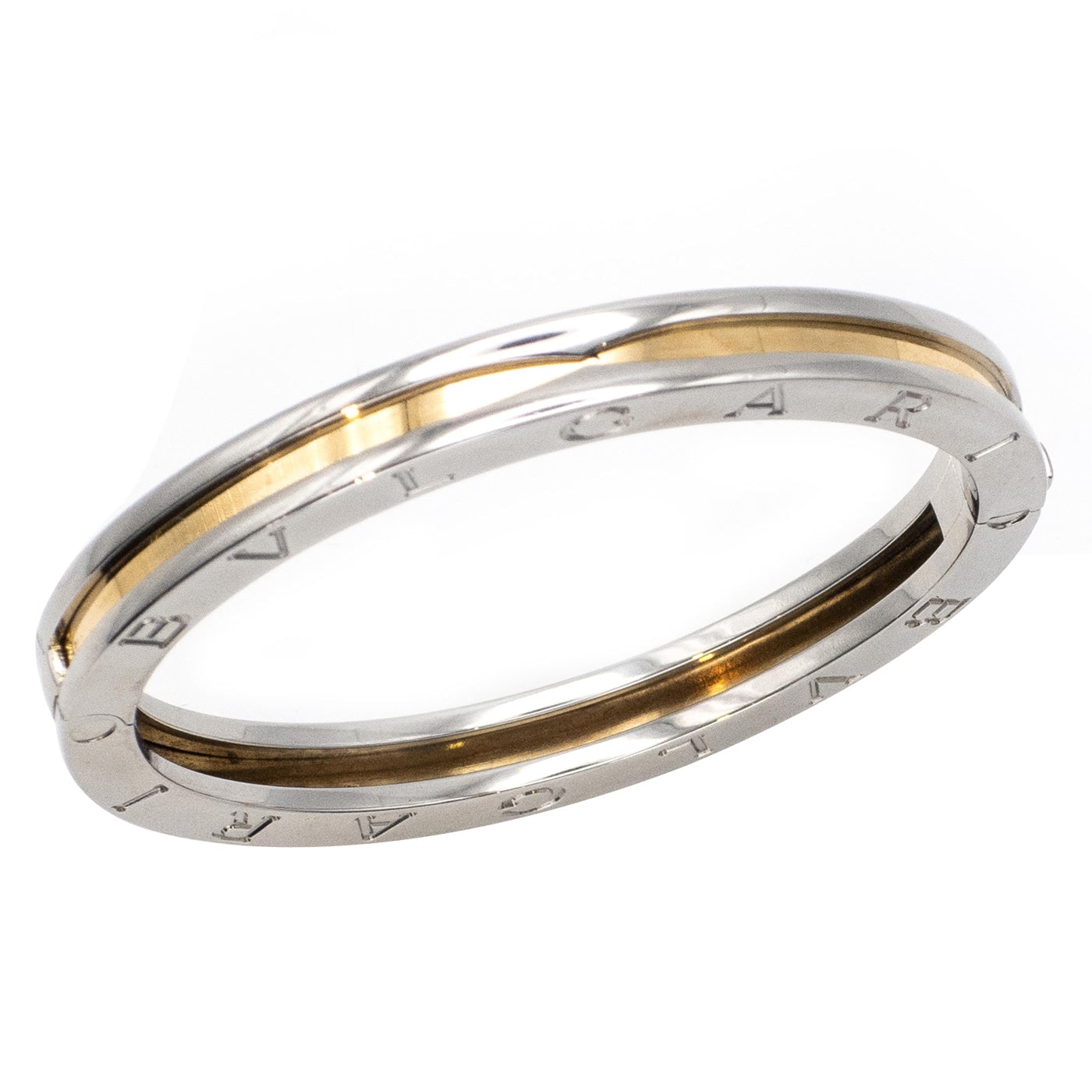Bulgari B.zero1 18K Yellow Gold and Stainless Steel Oval Hinged Bangle Bracelet — view 3