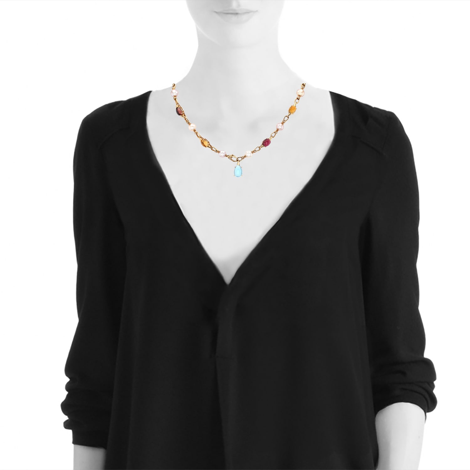 Bulgari Allegra necklace in yellow gold, precious stones, cultured pearls and diamonds — view 3