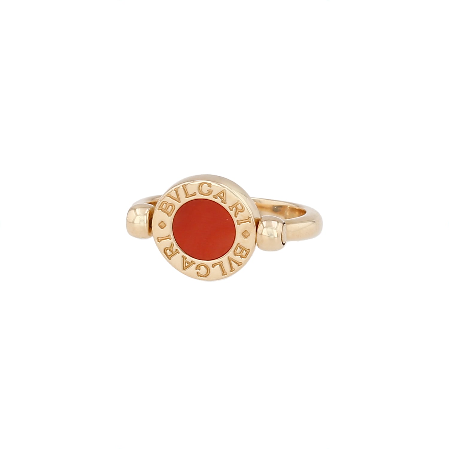 Twisted Bulgari Bulgari Bulgari ring in yellow gold, onyx and coral rose (Corallium japonicum) — view 3