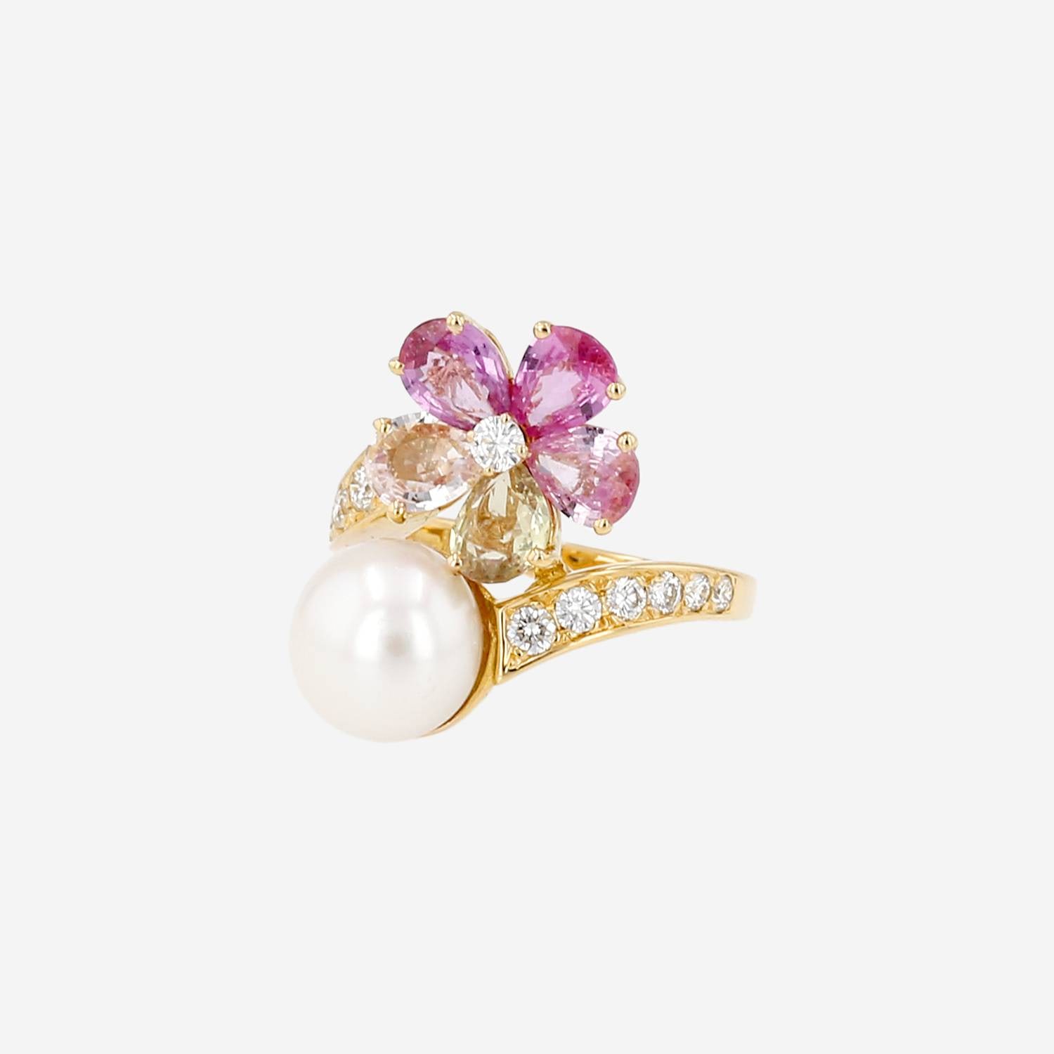 Bulgari Sapphire Flower ring in yellow gold, with coloured sapphires and a cultured pearl