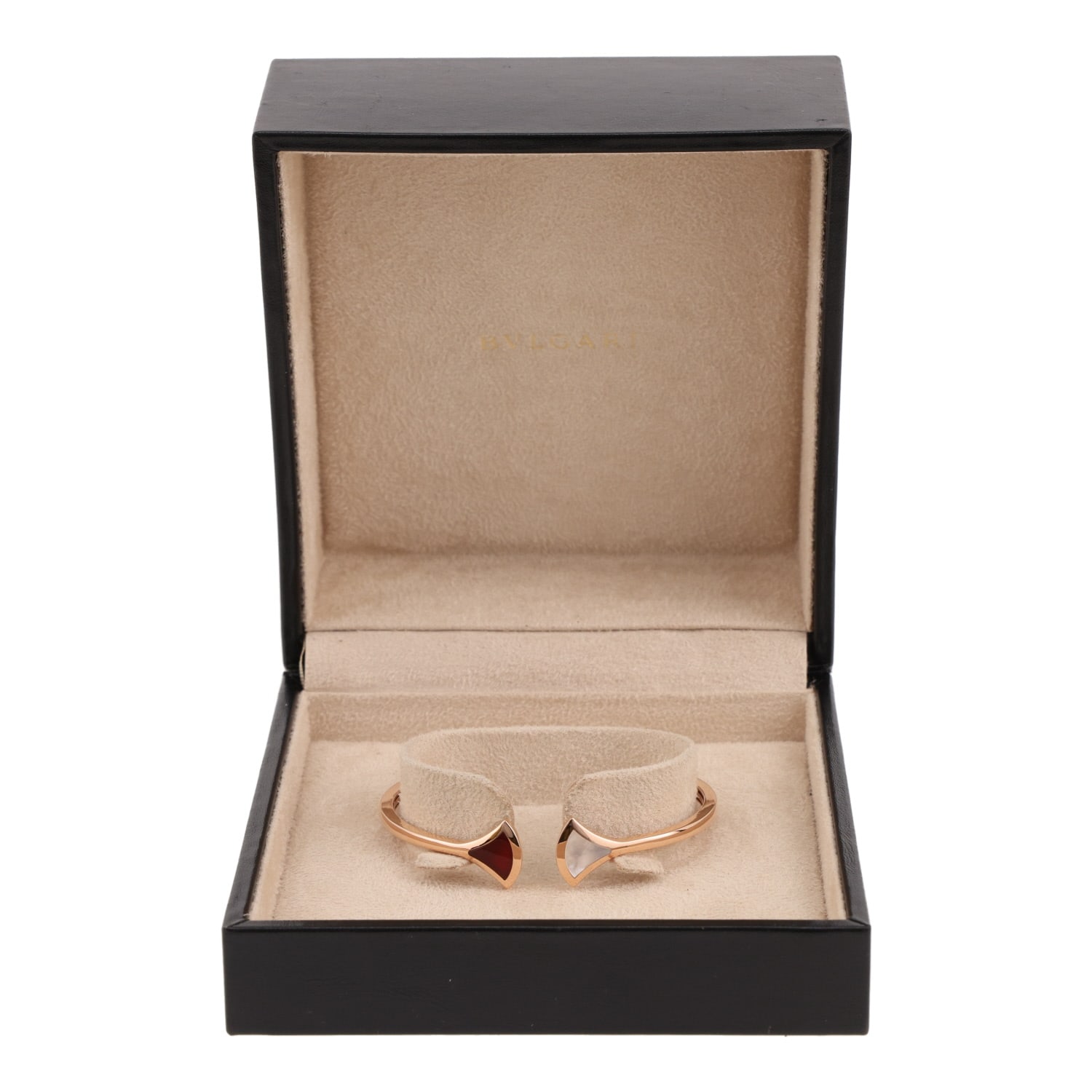 Bulgari Diva's Dream open bangle in rose gold, carnelian and mother-of-pearl — view 3